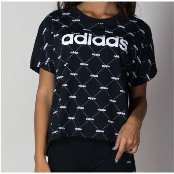 Adidas Core Logo Linear Women's Graphic Tee Short Fit Size Large Black - Picture 1 of 8